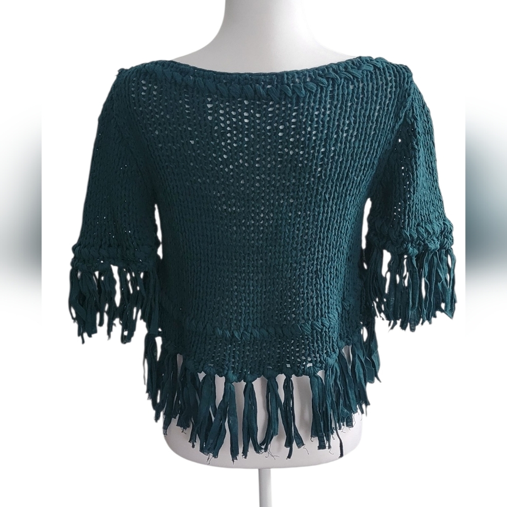 Free People Teal On The Fringe Crop Top Knit Sweater, Boho, Cottagecore, Size XS - Picture 5 of 9
